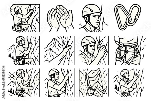 Climber's Determination. Outdoor Training outline icon set: climber on rock face, harness and rope, chalked hands, focused expression, carabiners, mountain backdrop, safety helmet,