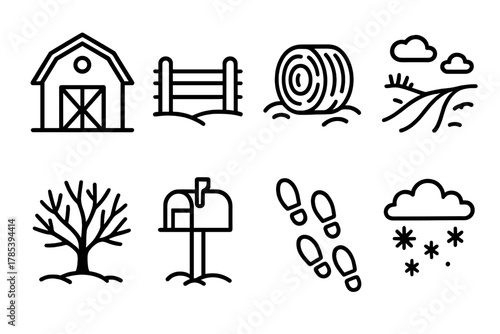Winter Countryside Icons. Frozen Countryside outline icon set: barn, fence, hay bale, snowy road, leafless tree, mailbox, footprints, winter sky.