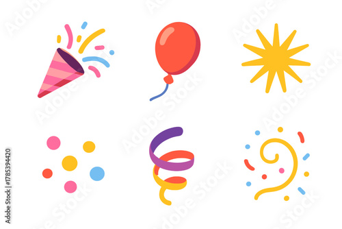Festive Celebration Icons. Party Cheer modern flat icon set: exploding confetti popper, balloon, starburst, streamer, dots scatter, festive swirl.