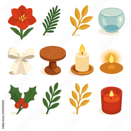 Elegant Decor Icons. Elegant Seasonal Decor modern flat icon set: amaryllis bloom, evergreen filler, gold-tipped foliage, glass bowl, white ribbon, polished table, candlelight