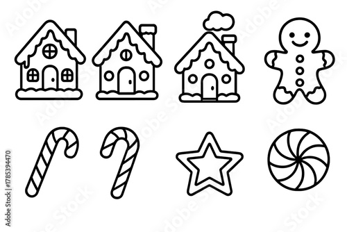 Gingerbread Cookie Icons. Christmas Gingerbread outline icon set: cookie house, icing snow, gingerbread man, candy buttons, chocolate shingles, marshmallow smoke, peppermint sticks
