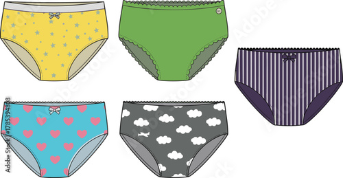 Children’s underwear sketch, colorful design, bow and button detail, heart, star, cloud, stripe patterns, fashion illustration, vector apparel, kids clothing concept