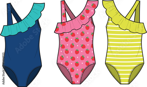 One-shoulder girls swimsuit sketch, ruffle neckline, summer wear, strawberry print, striped design, solid color, cute fashion, vector illustration, children’s apparel, beach outfit