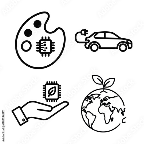 Sustainability and technology icons, eco-friendly innovation concepts