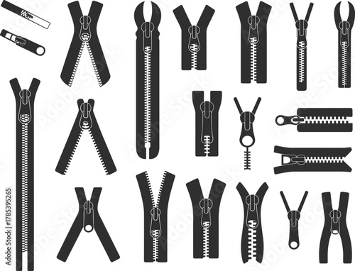 Zipper illustration set, black and white vector icons, open and closed styles, teeth and pull variations, garment hardware design, fashion accessory concept pack