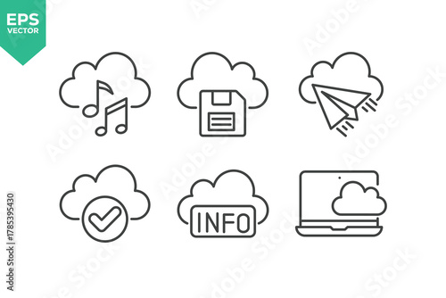 Set Of Cloud Computing Line Icons. The set includes a Data Analyzing, Data Center, Internet Technology, Cloud Storage, Database Platform, Computer Digital System, and more.