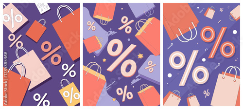 Shopping Bags and Percentage Symbols on Purple Background.