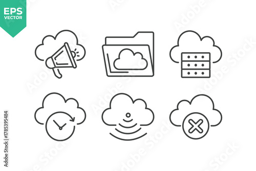 Set Of Cloud Computing Line Icons. The set includes a Data Analyzing, Data Center, Internet Technology, Cloud Storage, Database Platform, Computer Digital System, and more.