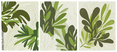 Abstract Green Leafy Botanical Art Composition.