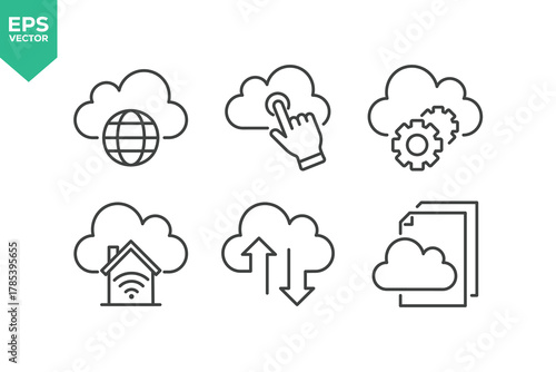 Set Of Cloud Computing Line Icons. The set includes a Data Analyzing, Data Center, Internet Technology, Cloud Storage, Database Platform, Computer Digital System, and more.
