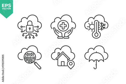 Set Of Cloud Computing Line Icons. The set includes a Data Analyzing, Data Center, Internet Technology, Cloud Storage, Database Platform, Computer Digital System, and more.
