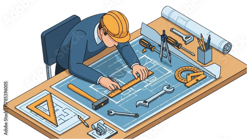 Isometric view of a dedicated engineer working on a detailed blueprint with construction tools