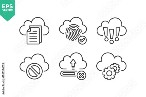 Set Of Cloud Computing Line Icons. The set includes a Data Analyzing, Data Center, Internet Technology, Cloud Storage, Database Platform, Computer Digital System, and more.