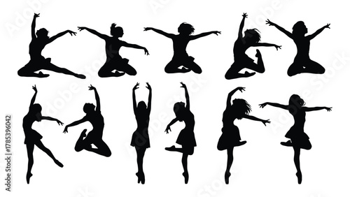 Dynamic female dancer silhouettes isolated on white background, Vector