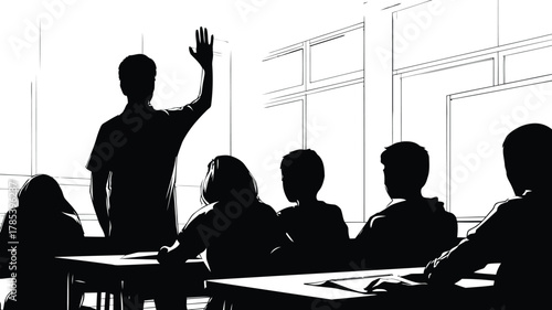 Silhouette of student raising hand in classroom with bright window light