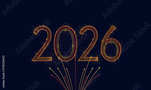New Year 2026 celebration graphic with sparkling fireworks, digital art, representing future and prosperity