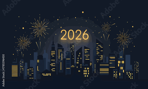 Happy New Year 2026 Fireworks over the City Skyline - Celebrate the Future