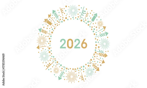 Happy New Year 2026 celebration with fireworks, confetti, and a circular border design for festive greetings and occasions