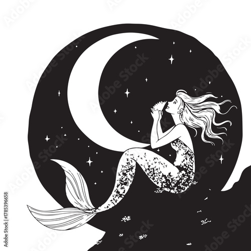 Whimsical mermaid sitting on crescent moon holding shell at night Vector