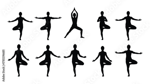 Collection of yoga poses silhouettes isolated on white background, Vector