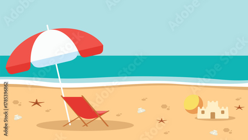 Flat cartoon vector illustration of a beautiful summer beach background. Features a red beach chair, sun umbrella, sandcastle, and starfish. Travel Holiday concept