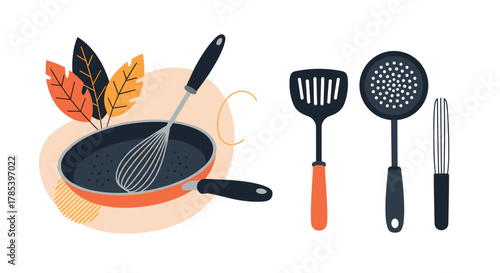 A vibrant illustration showcasing essential kitchen cooking utensils like a frying pan, two whisks, a slotted spatula, and a skimmer, on a white background.