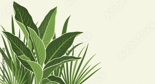 A vibrant arrangement of broad-leaved tropical plants and slender grass on a minimalist light cream background, offering a fresh natural design element.