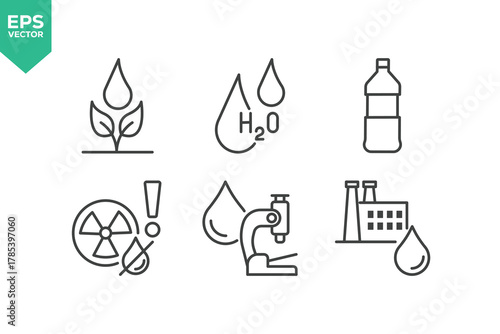 Set Of Water Line Icons. Set contains such icons as Earth Water, Droplet, Water Formula, Plant Water, Drop Layer, Evaporation, Water Treatment, Clean Water, and more.