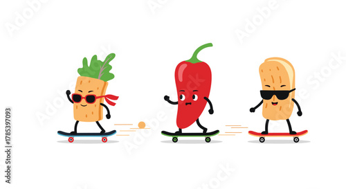 Whimsical cartoon food characters, a wrap, chili pepper, and hot dog, cruise happily on skateboards with sunglasses.