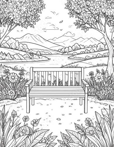 Black and white scenic coloring page of a park bench overlooking a river