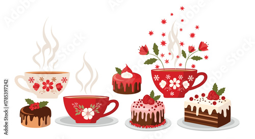 A charming illustration of festive cups with steaming hot beverages and an assortment of delicious cakes and pastries, evoking a cozy holiday treat.