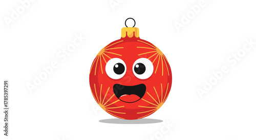 Festive red Christmas bauble with a joyful cartoon face and intricate golden designs, ready for seasonal greetings and celebrations.