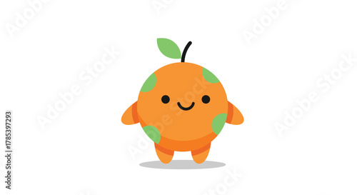 A cute, happy, cartoon orange fruit character with green spots and a leaf on its head, standing cheerfully on a clean white background.