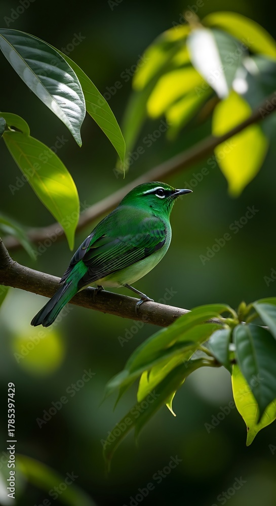 Obraz premium Greencrowned brilliant hummingbird perched on a branch surrounded by lush green leaves in a tropical rainforest in costa rica