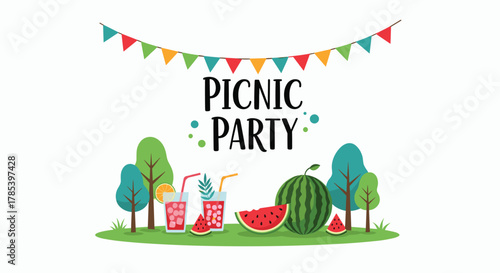 Vibrant illustration of a fun picnic party invitation featuring refreshing drinks, juicy watermelon, and green trees on a sunny day.
