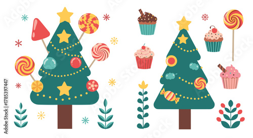 Sweet Christmas holiday design featuring two decorated trees, an array of delicious cupcakes, and colorful candies on a white background.