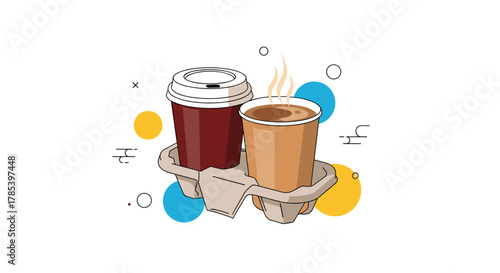 Two takeaway coffee cups, one hot and steaming, in a cardboard carrier, surrounded by abstract shapes on a white background.