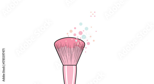 Cute pink makeup brush illustration with colorful sparkling powder particles on a clean white background.