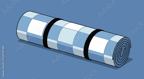 An isometric illustration of a blue and white checkered sleeping pad, neatly rolled and held by two black straps.