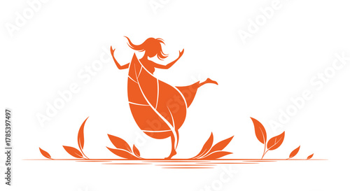 A stylized illustration of a joyful woman, her body formed by a large leaf, dancing freely amidst surrounding foliage, embodying nature's vibrant spirit.