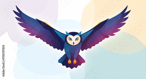 Modern geometric owl with outstretched wings in flight, a symbol of wisdom and knowledge on a soft backdrop