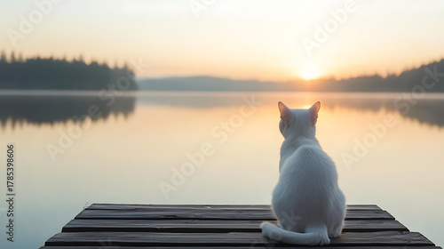 Fototapeta Naklejka Na Ścianę i Meble -  A white cat is sitting on a dock by a lake