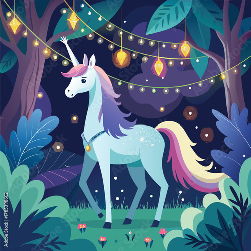 Cute Magical Unicorn and Baby Unicorn in Fantasy Cartoon Style – Vector Illustration