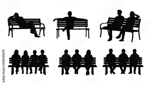 People sitting on benches silhouettes isolated on white background, Vector