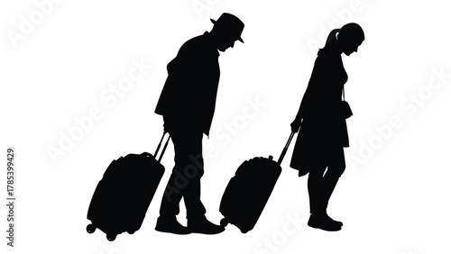 Travelers with luggage silhouette isolated on white background, Vector