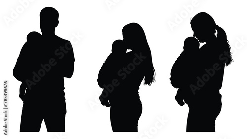 Parents with babies silhouette set isolated on white background, Vector