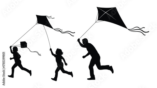 Family flying kites silhouette isolated on white background, Vector