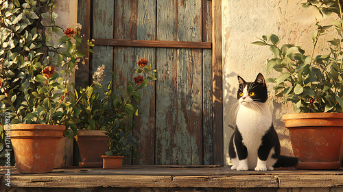 Fototapeta Naklejka Na Ścianę i Meble -  A cat is sitting on a porch
