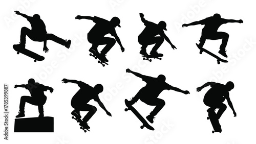Skateboarding silhouettes collection isolated on white background, Vector