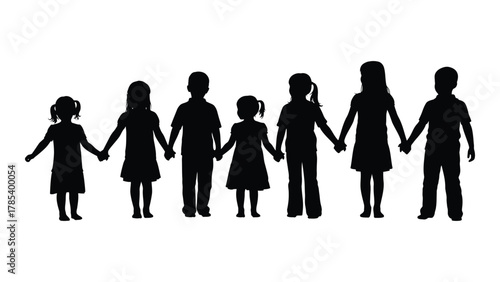 Children holding hands silhouette isolated on white background, Vector